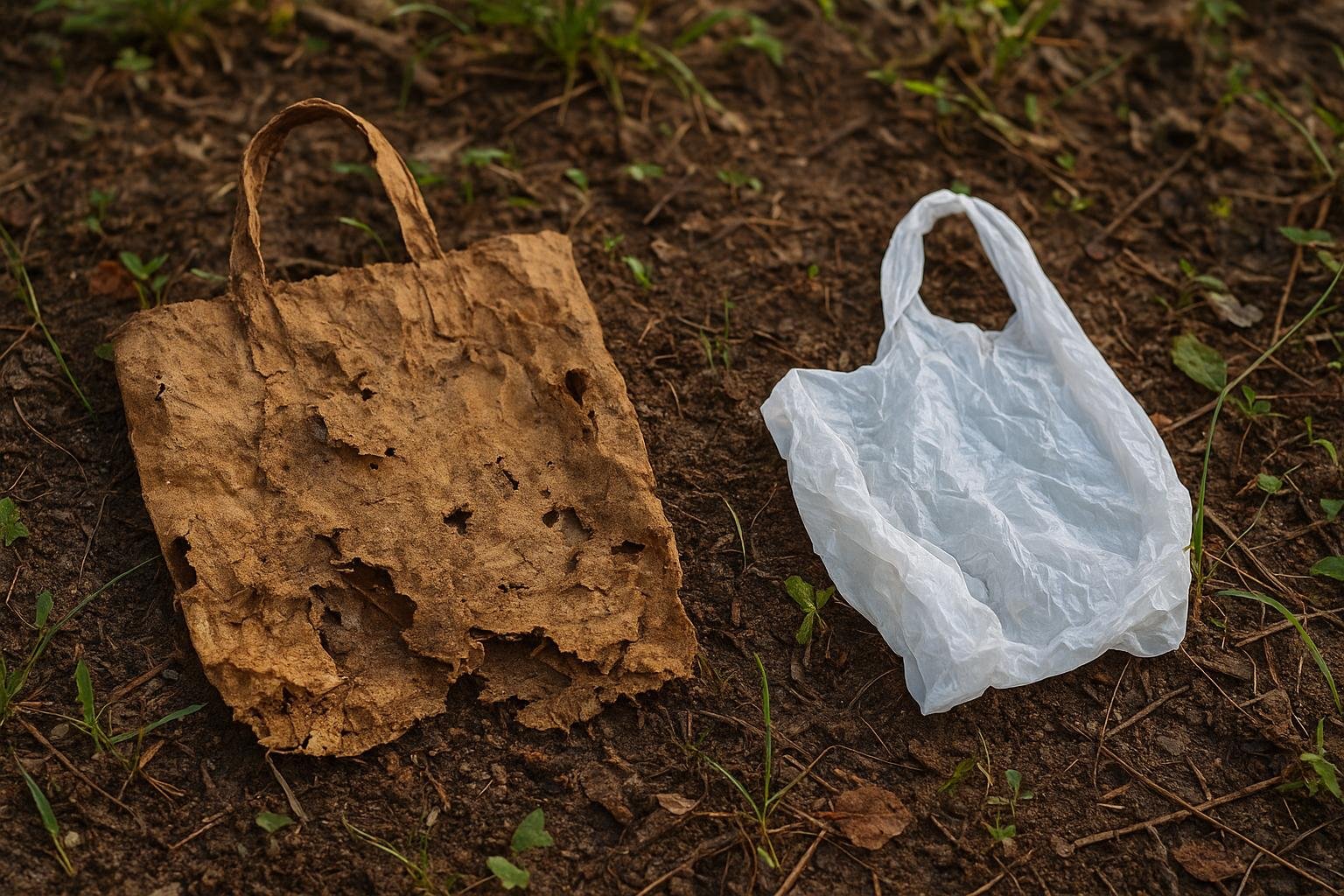 Processo de decomposição natural das sacolas de papel em contraste com a persistência do plástico no ambiente