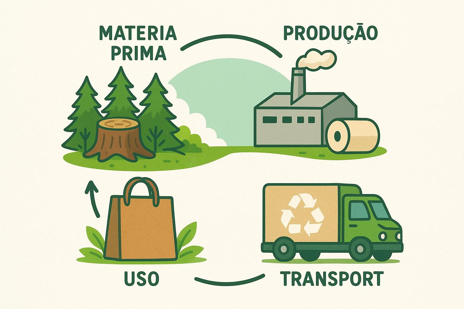 Representação visual da cadeia sustentável de produção das sacolas de papel desde a matéria-prima até o produto final