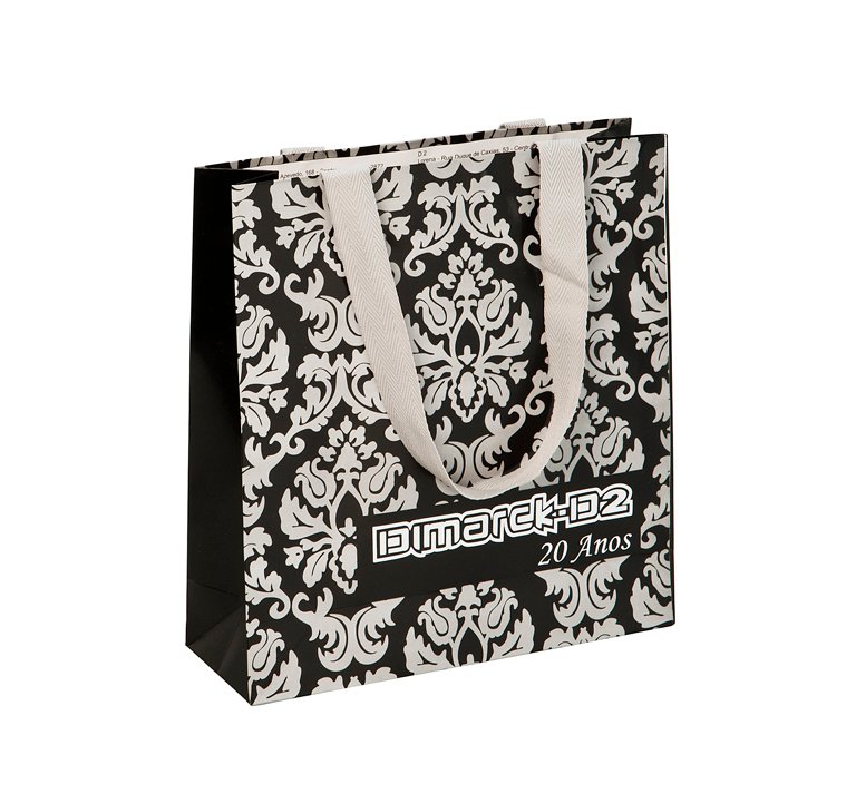 Sacola de papel offset com alça de gorgurão colada, acabamento premium e impressão offset de alta definição, ideal para marcas de moda e boutiques